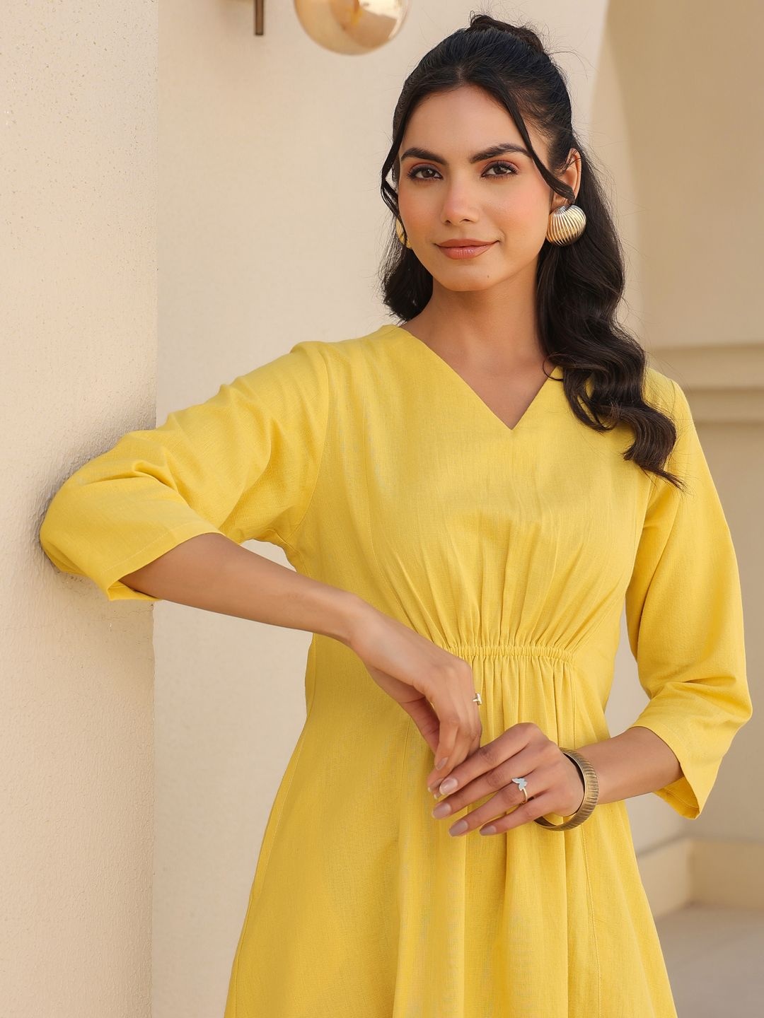 

Janasya Women's Yellow Cotton Solid A-line Dress