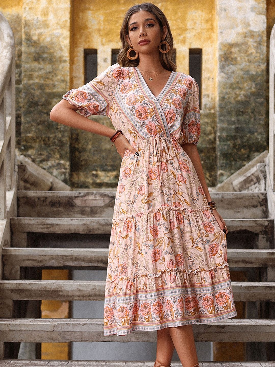 

JC Mode Floral Print Fit & Flare Midi Dress, Pink
