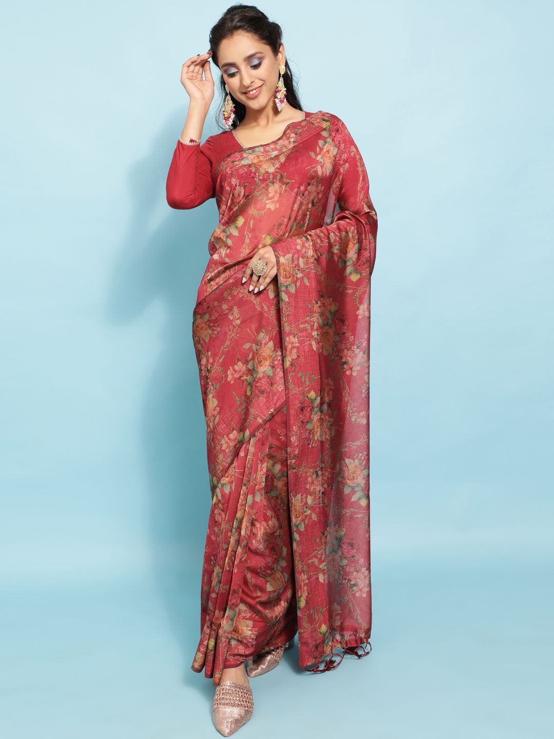 

Suha Floral Poly Georgette Saree, Maroon