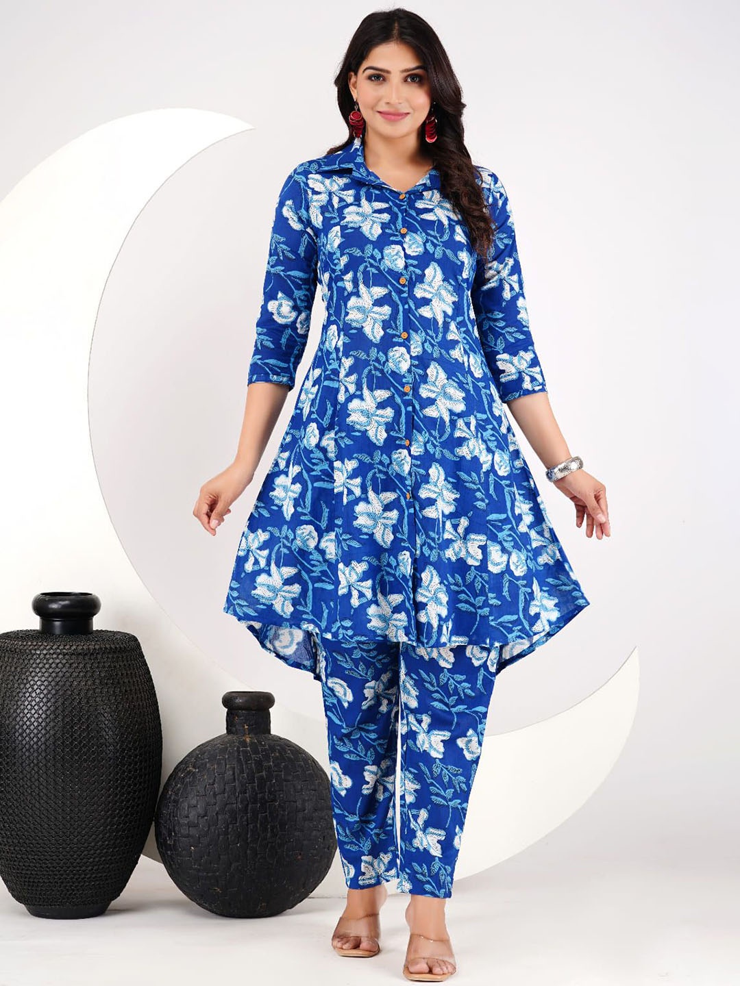 

Pairs4U Floral Printed Cotton Shirt Collar Neck Top With Trousers Co-Ords, Blue