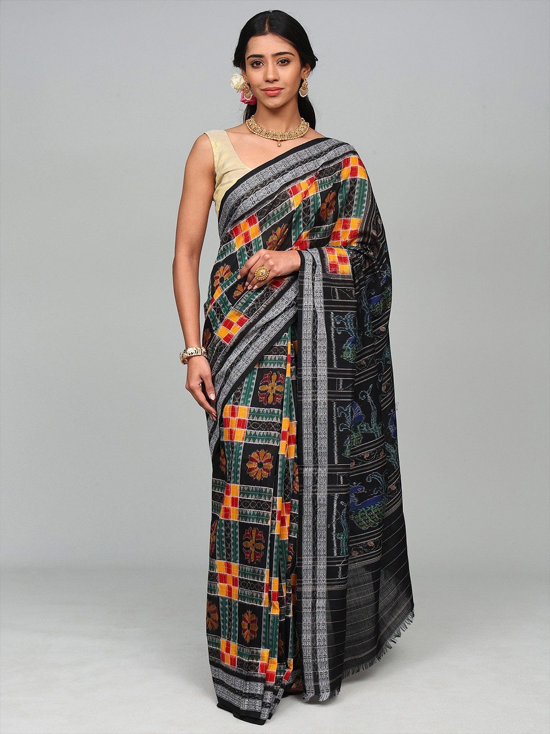 

Exotic India Woven Design Pure Cotton Sambalpuri Saree, Black