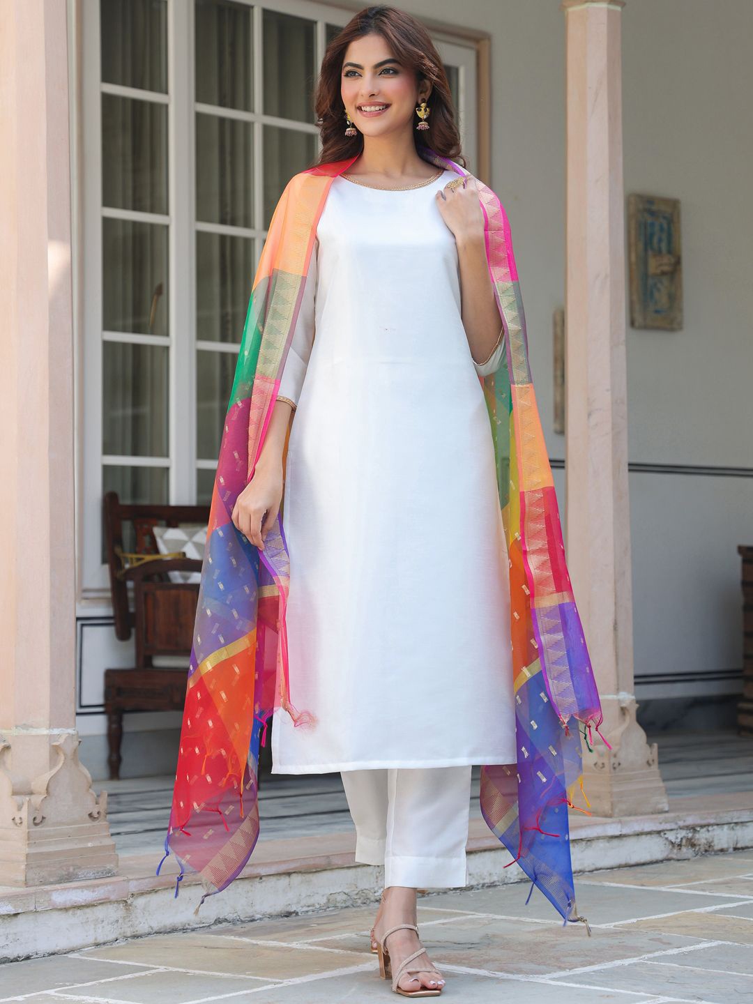 

KALINI Women Regular Kurta with Trousers & With Dupatta, White