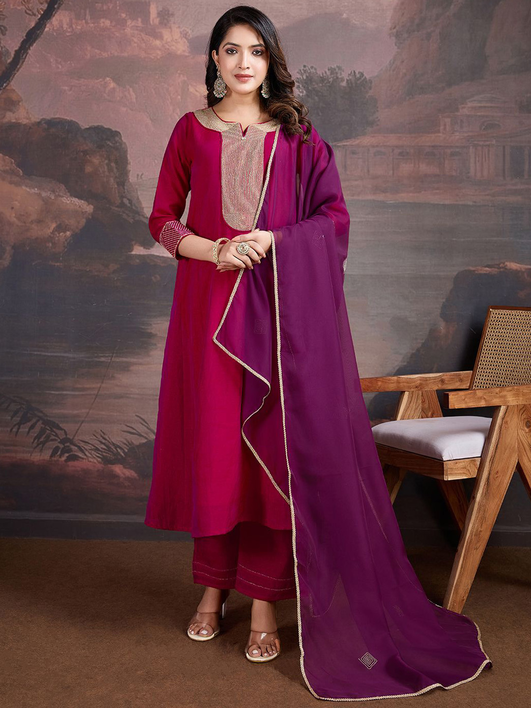 

House of Pataudi Zari Embroidered A-Line Kurta & Trousers With Dupatta, Magenta