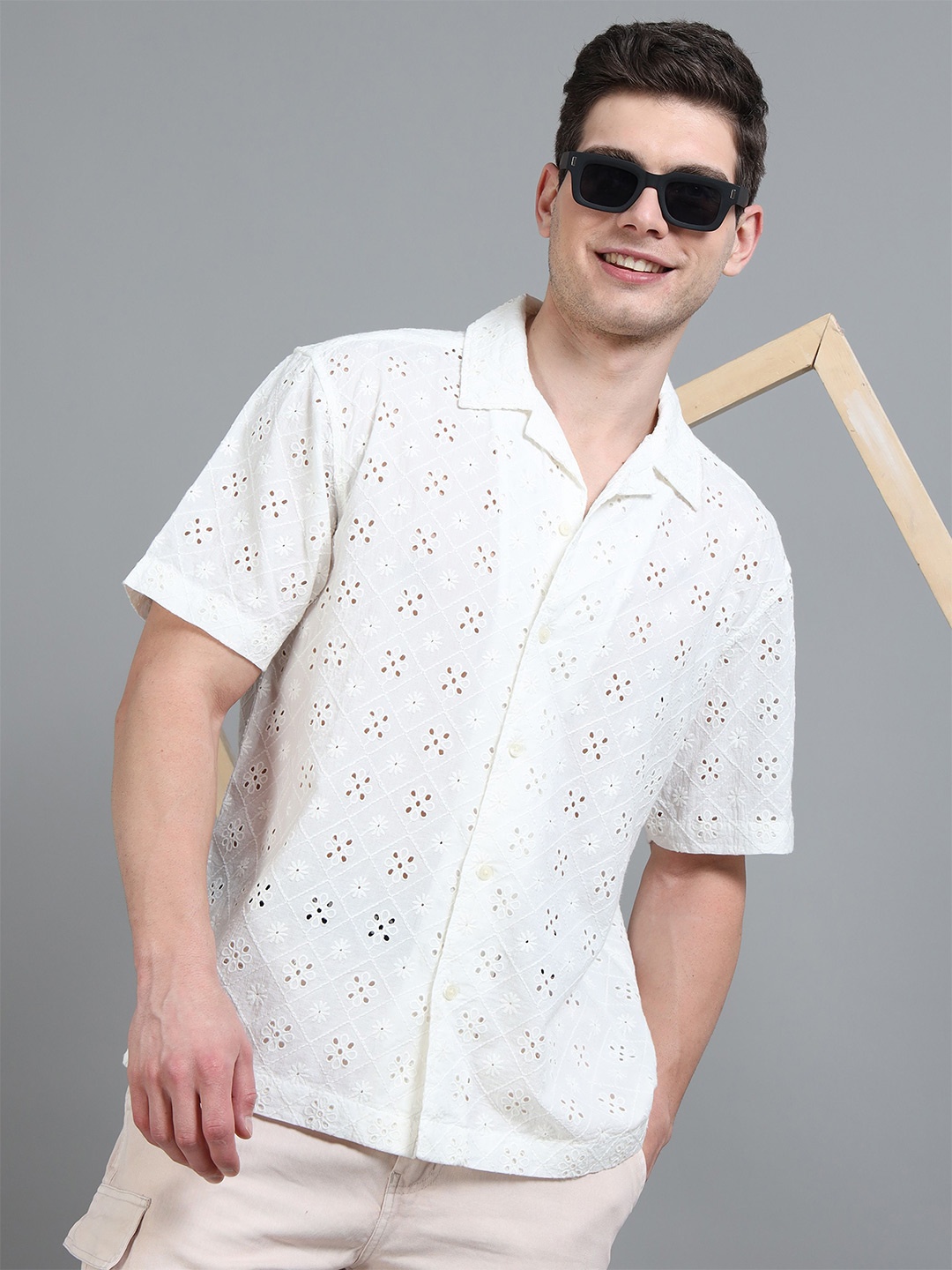 

StitchX Men Short Sleeve Semi Sheer Schiffli Crochet Shirt, White