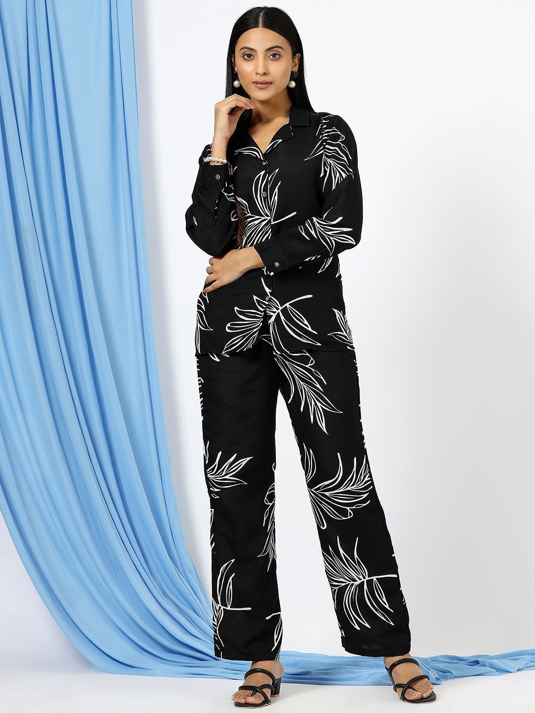 

CORSICA Printed Collar Neck Shirt With Trousers Co-Ords, Black