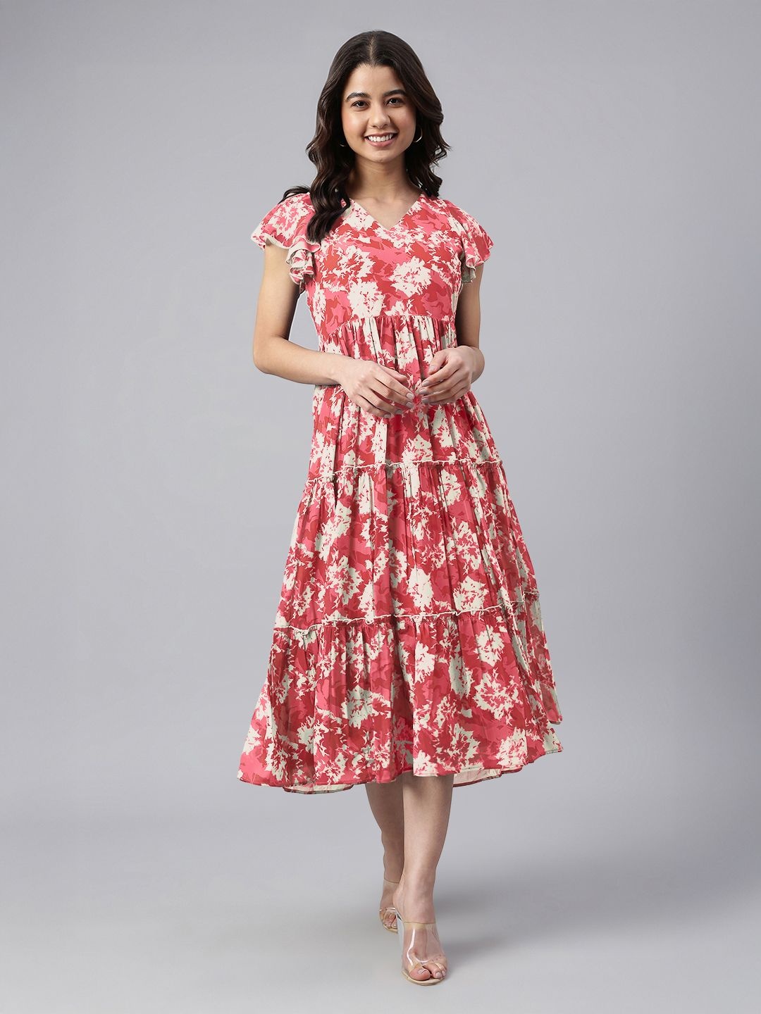 

Janasya Women's Red Georgette Abstract Printed Tiered Dress