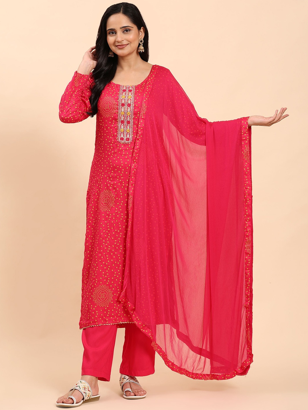 

Mamicha Women Bandhani Embroidered Regular Pure Cotton Kurta with Palazzos & With Dupatta, Pink
