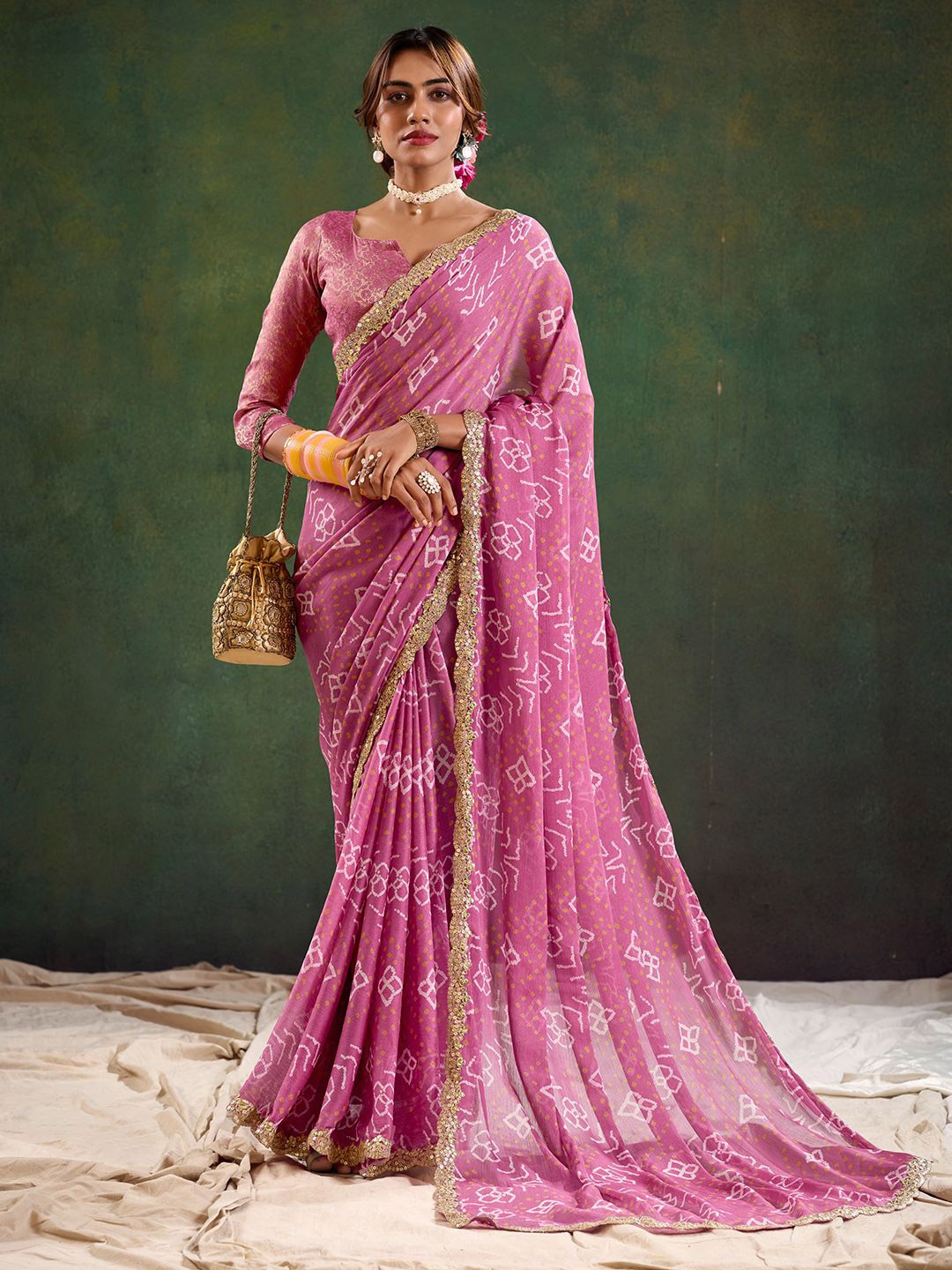 

LeeliPeeri Designer Bandhani Embroidered Poly Chiffon Saree, Pink
