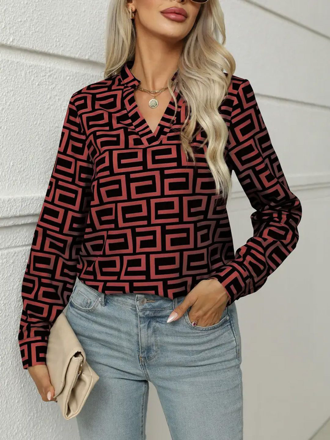 

JC Mode Geometric Print Mandarin Collar Top, Multi