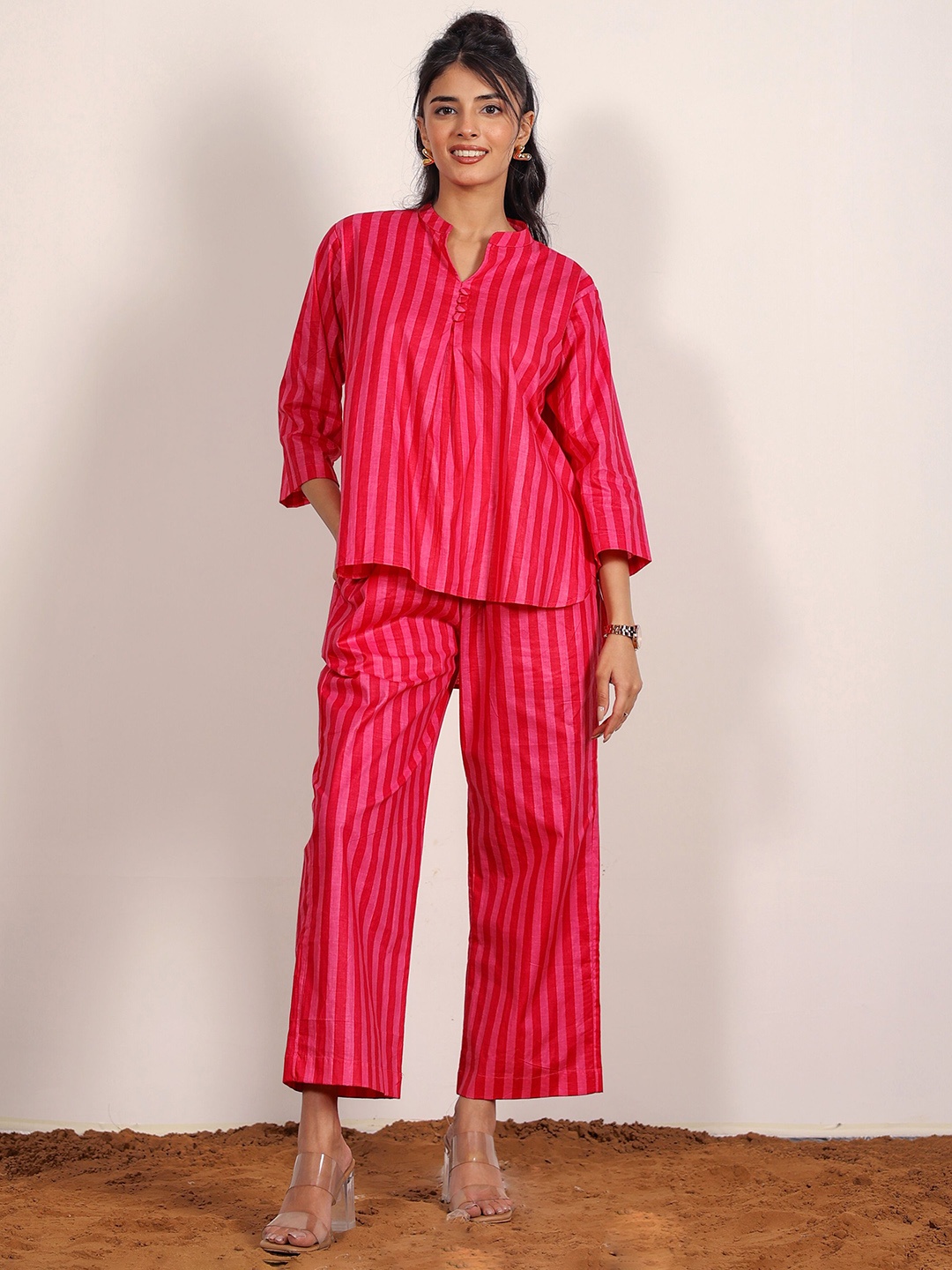 

KAORI BY SHREYA AGARWAL Striped Pure Cotton Top & Trousers Co-Ords, Red