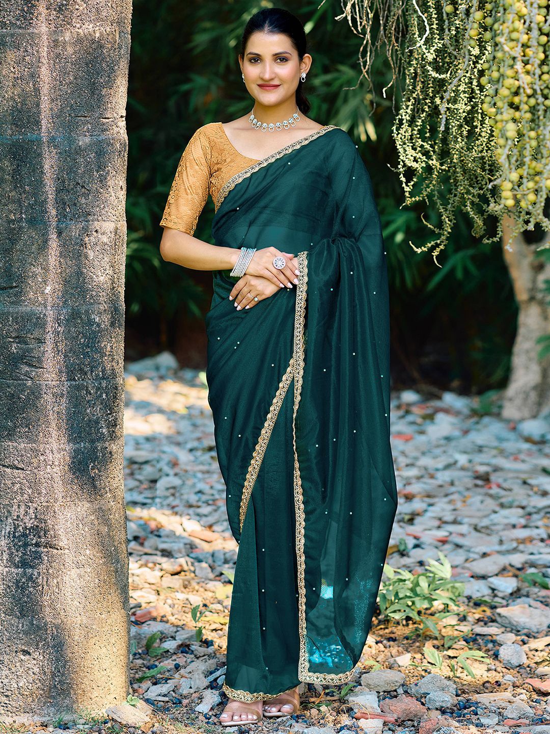 

KALINI Embellished Beads and Stones Supernet Saree, Green