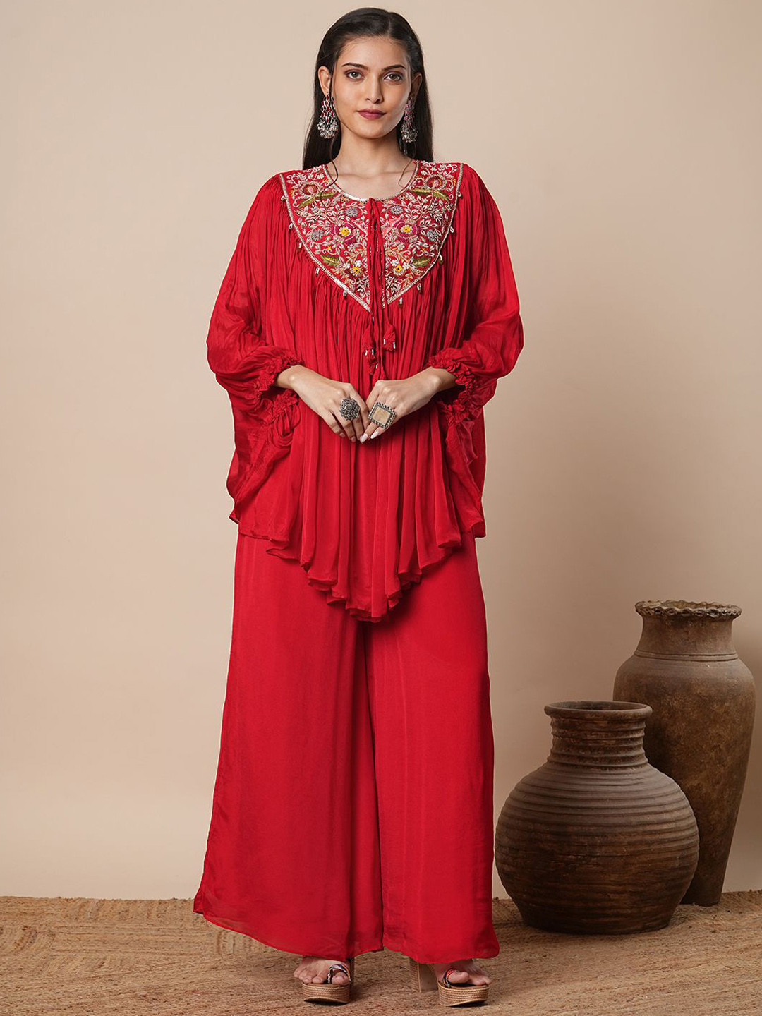 

FASHOR Women Ethnic Motifs Embroidered Regular Beads and Stones Top with Palazzos, Red