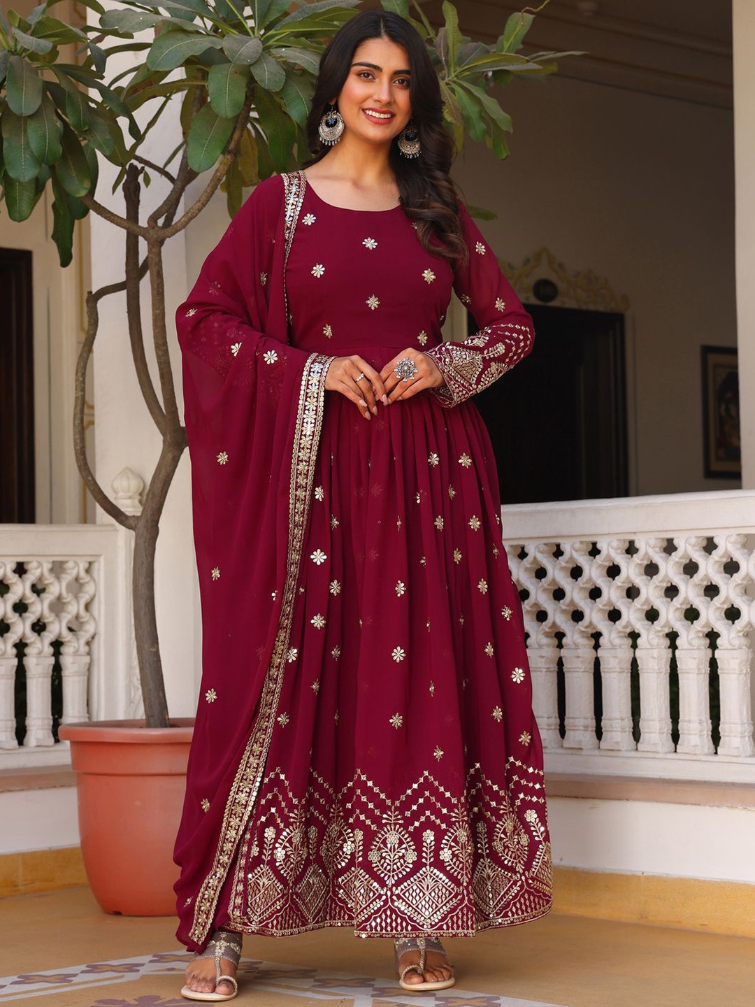 

KALINI Embroidered Maxi Ethnic Dress With Dupatta, Purple