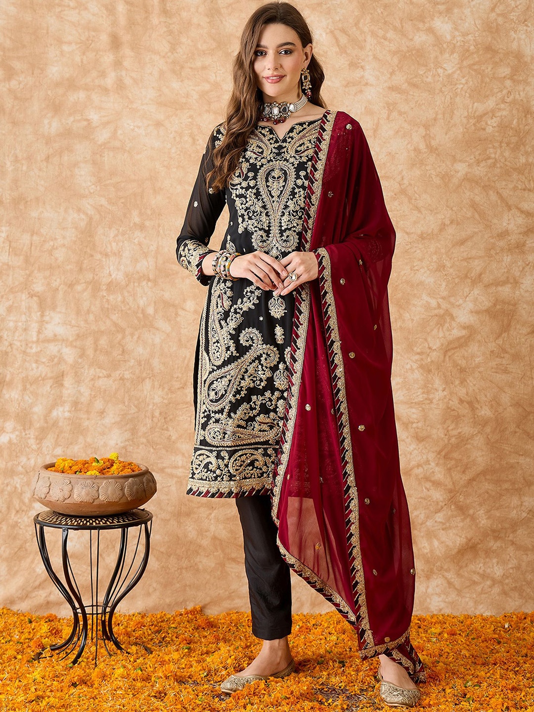 

SAINOOR Embroidered Silk Georgette Unstitched Dress Material, Black