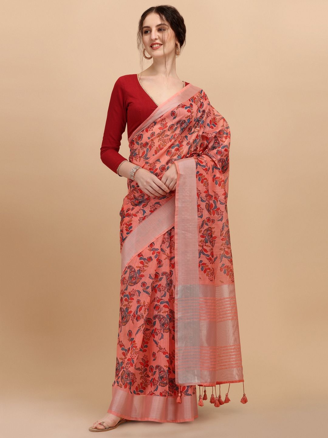 

Suha Woven Design Zari Linen Blend Saree, Peach