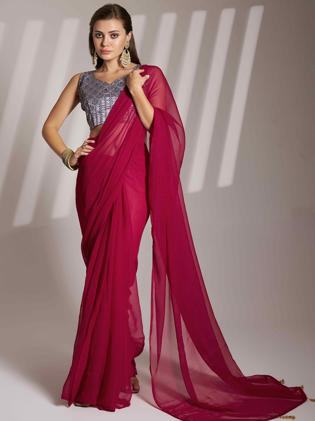 

HERE&NOW Pure Chiffon Tussar Saree, Maroon