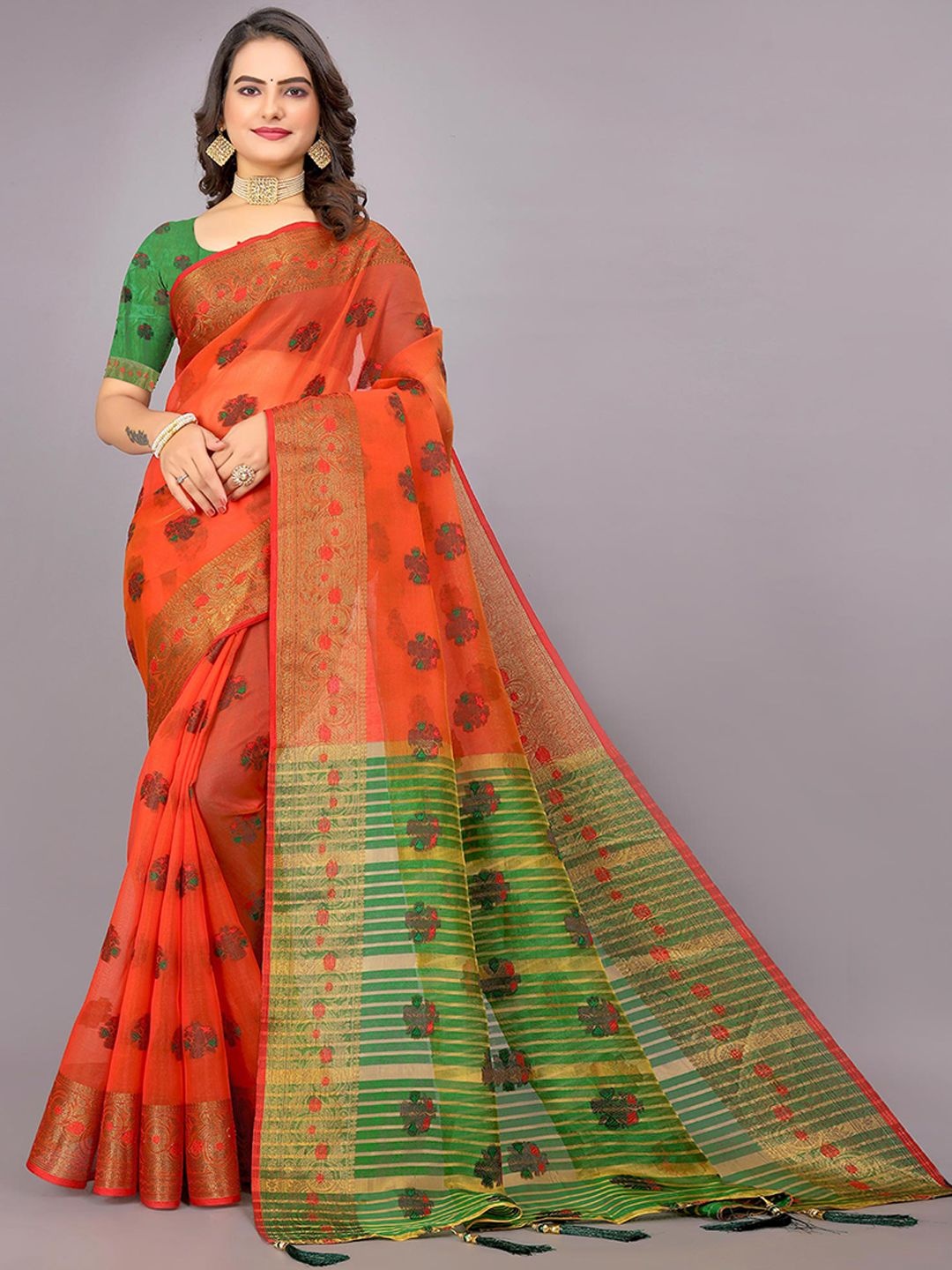 

Peachmode Woven Design Zari Silk Cotton Saree, Red