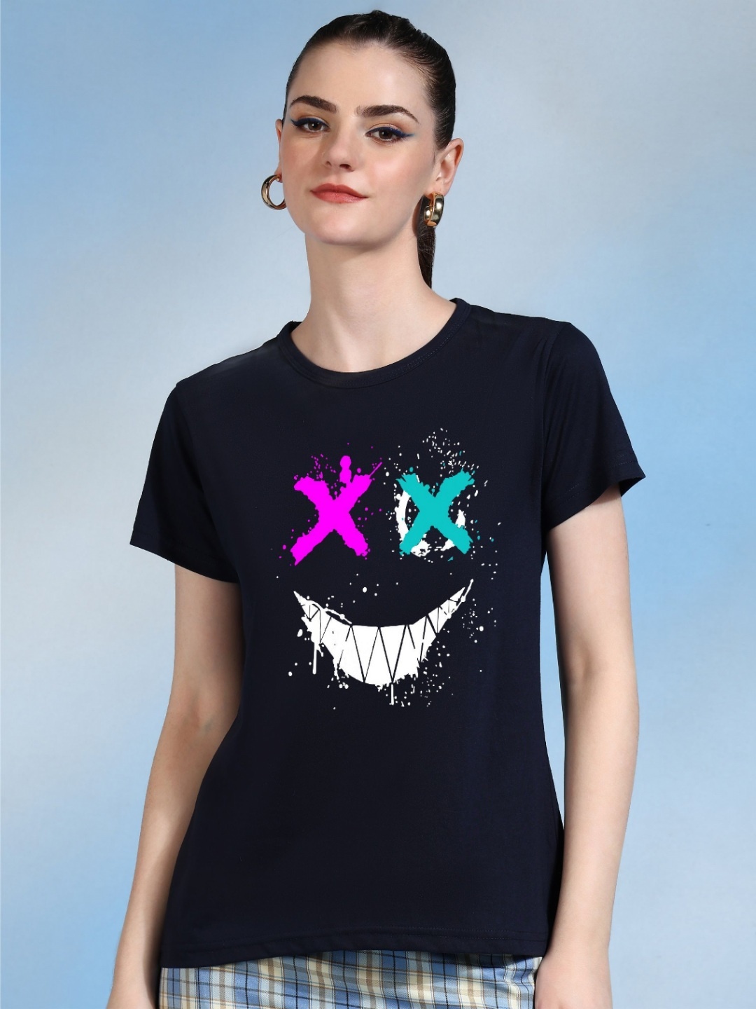 

Moda Rapido Women Printed Bio Finish Cut Outs T-shirt, Navy blue