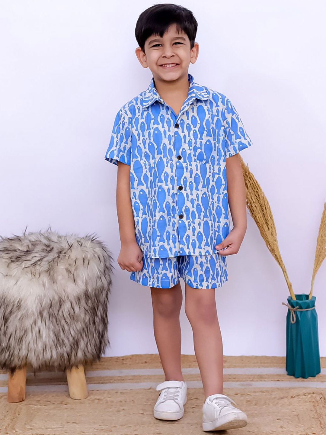 

UNBIND Boys Printed Pure Cotton Shirt & Shorts Clothing Set, Blue