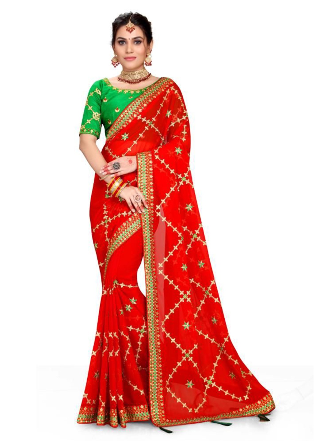 

AKSH FASHION Embroidered Pure Georgette Saree, Red