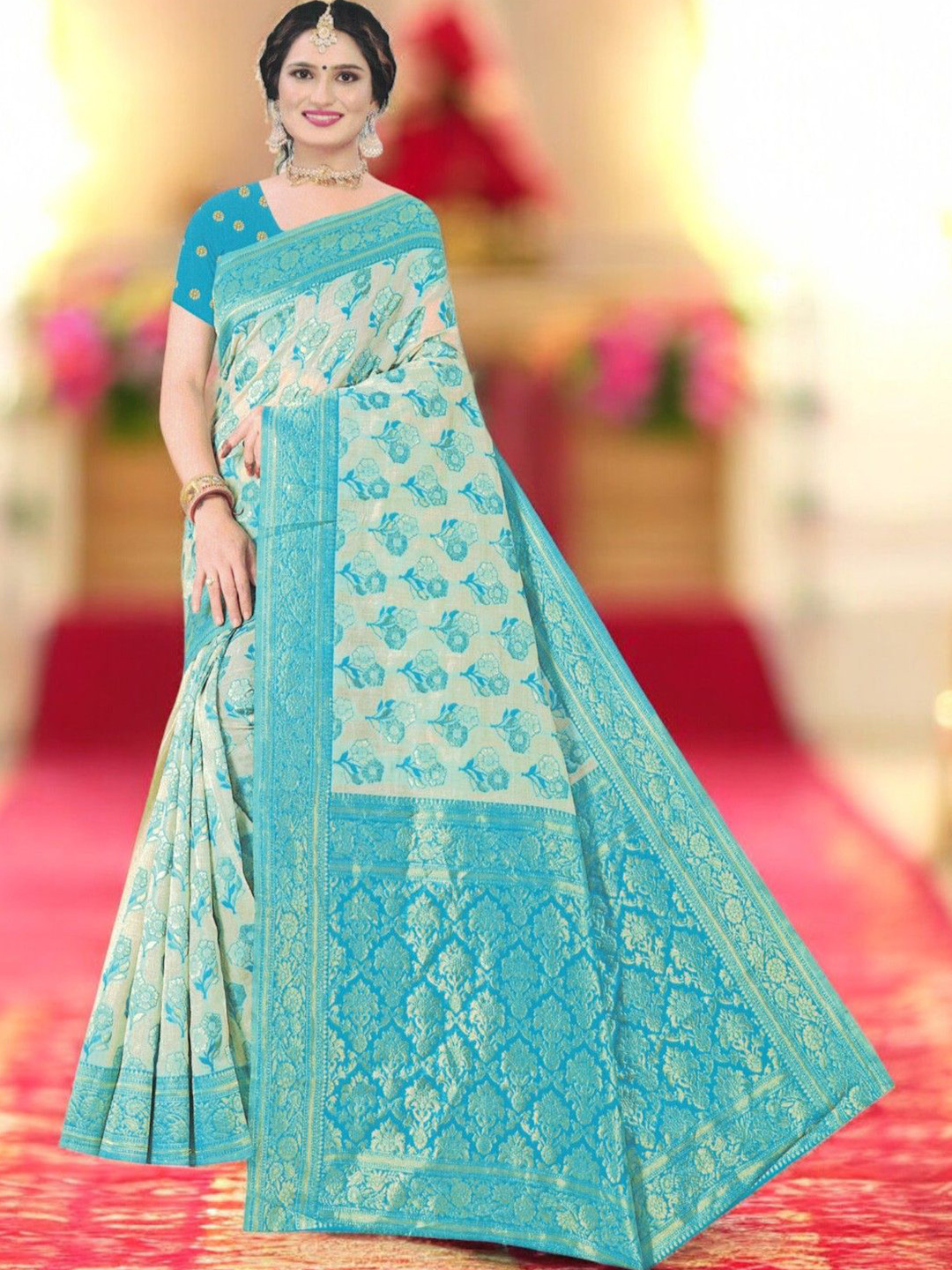 

SHOPPKEE Ethnic Motifs Zari Silk Blend Kasavu Saree, Blue
