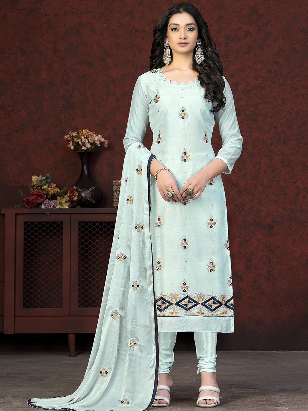 

SAINOOR Embroidered Semi-Stitched Dress Material, Sea green