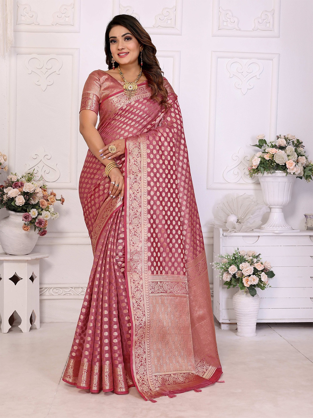 

HEER FASHION Woven Design Zari Organza Banarasi Saree, Pink