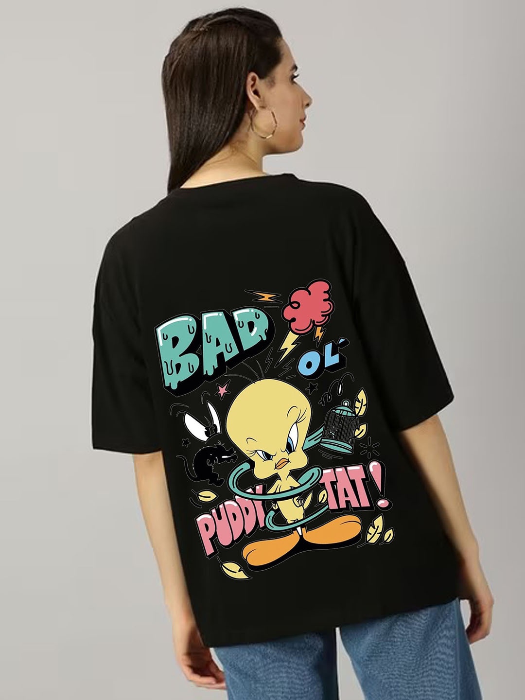 

kintu parantu Women Printed Applique T-shirt, Black