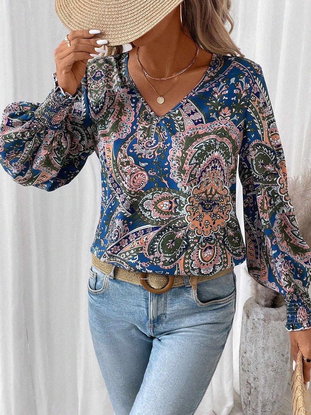 

all about you Floral Print Bishop Sleeves Top, Blue