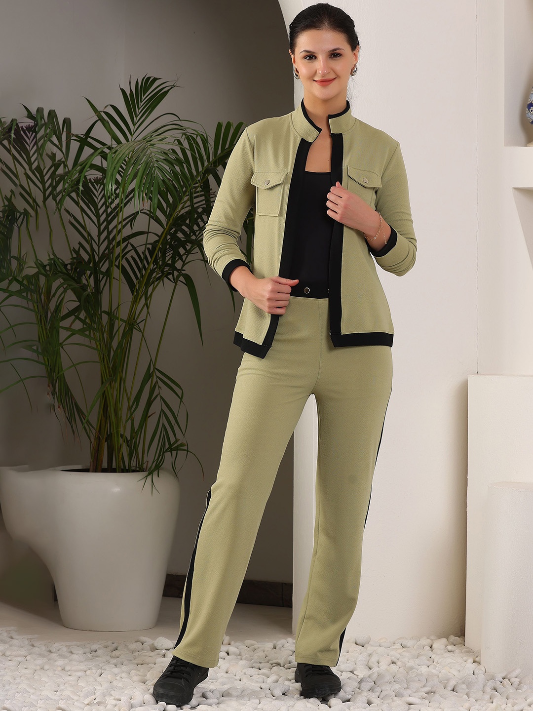 

Zicada Women Self Design Mock Collar Track Suit, Green