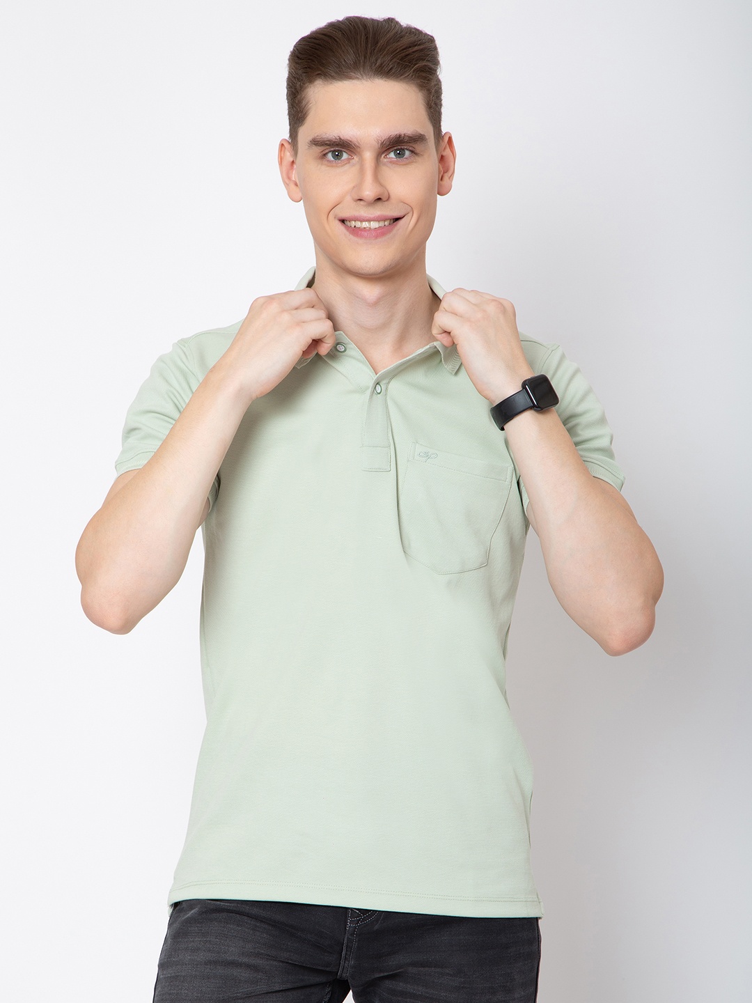 

Sparky Men Printed Polo Collar Pockets Slim Fit T-shirt, Sea green