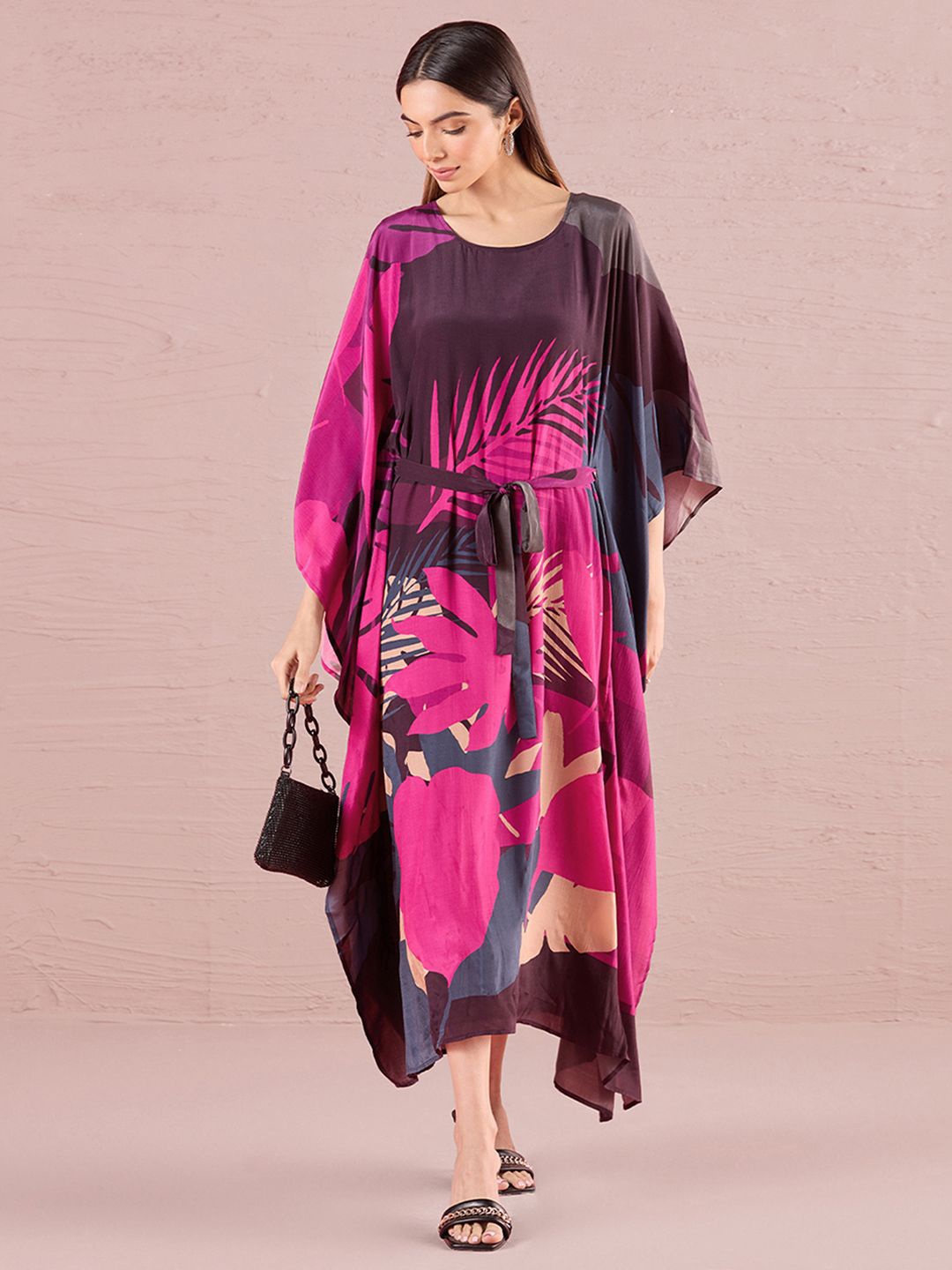 

navyasa by liva Floral Print Kimono Sleeve Liva Kaftan Top, Black