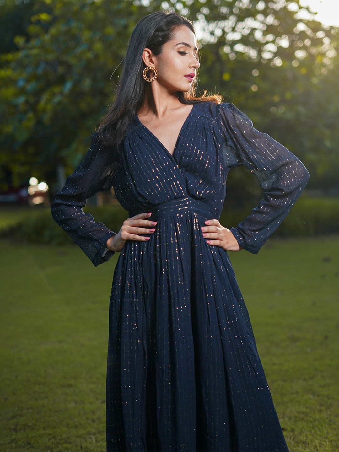

Shades of Sabi Navy Blue Solid V-Neck Gown Dress