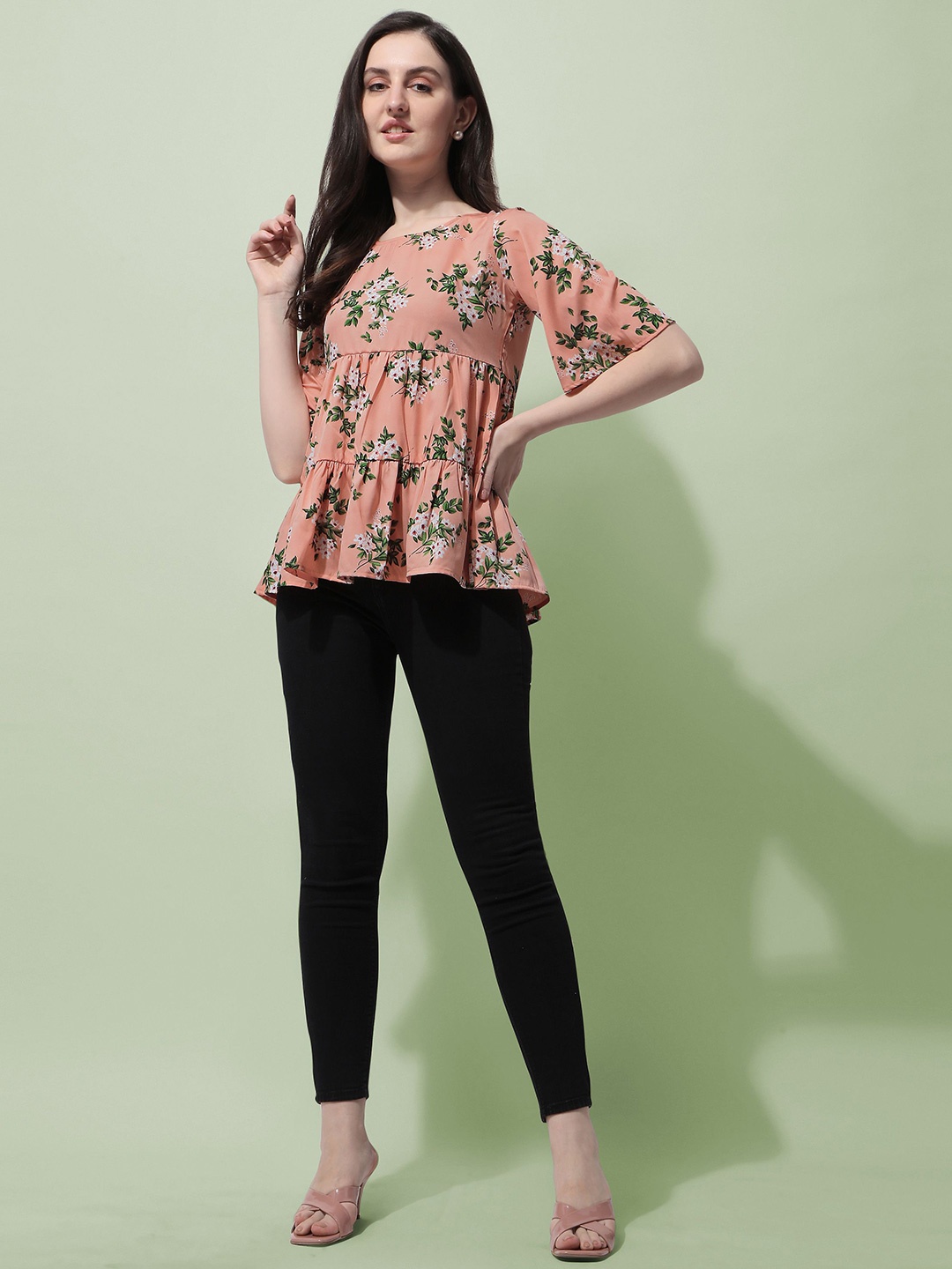 

Chemistry Floral Print Crepe Peplum Top, Orange