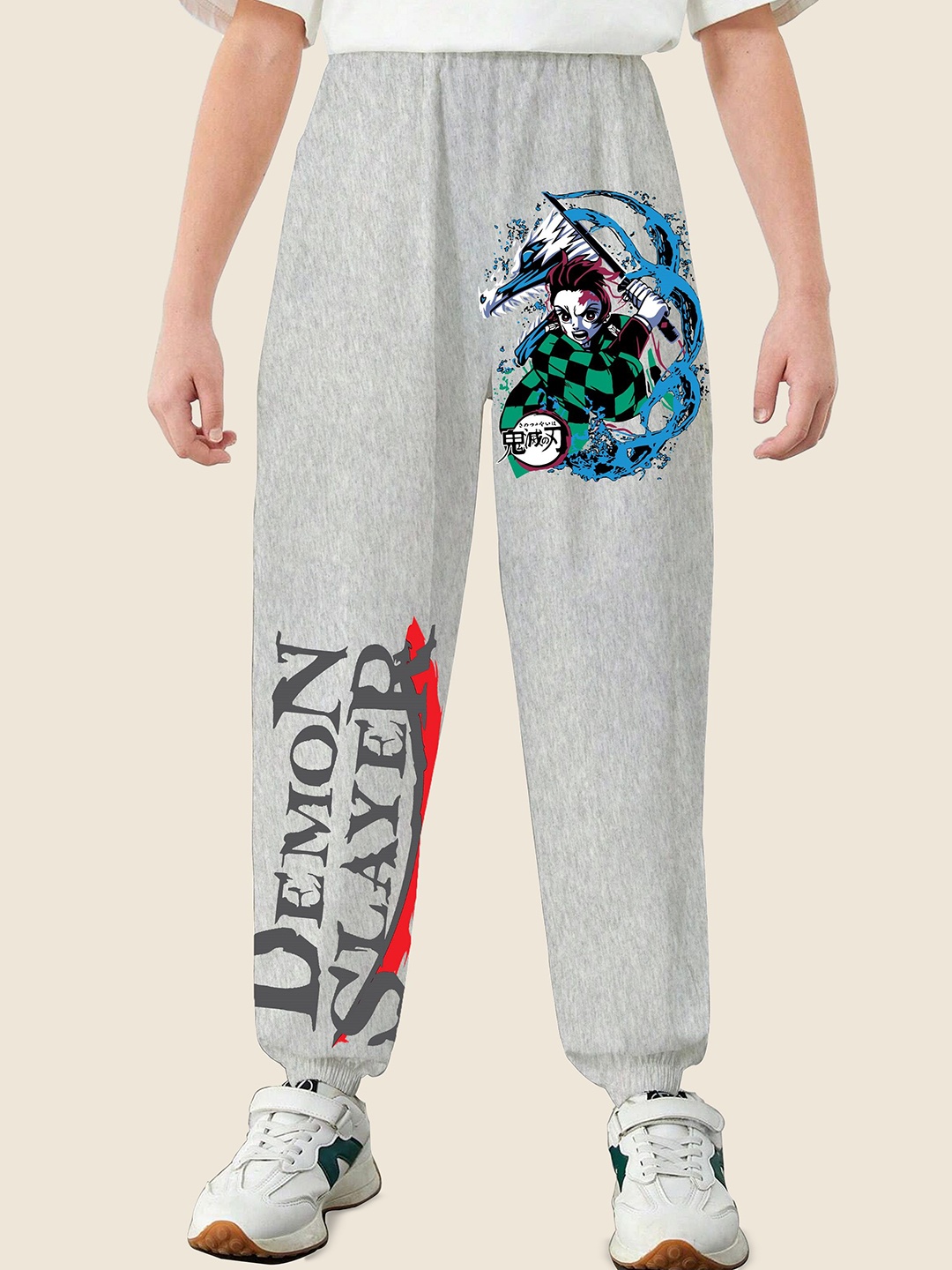 

LOCAVESTIR Boys Demon Slayer Anime Printed Mid Rise Joggers, Grey