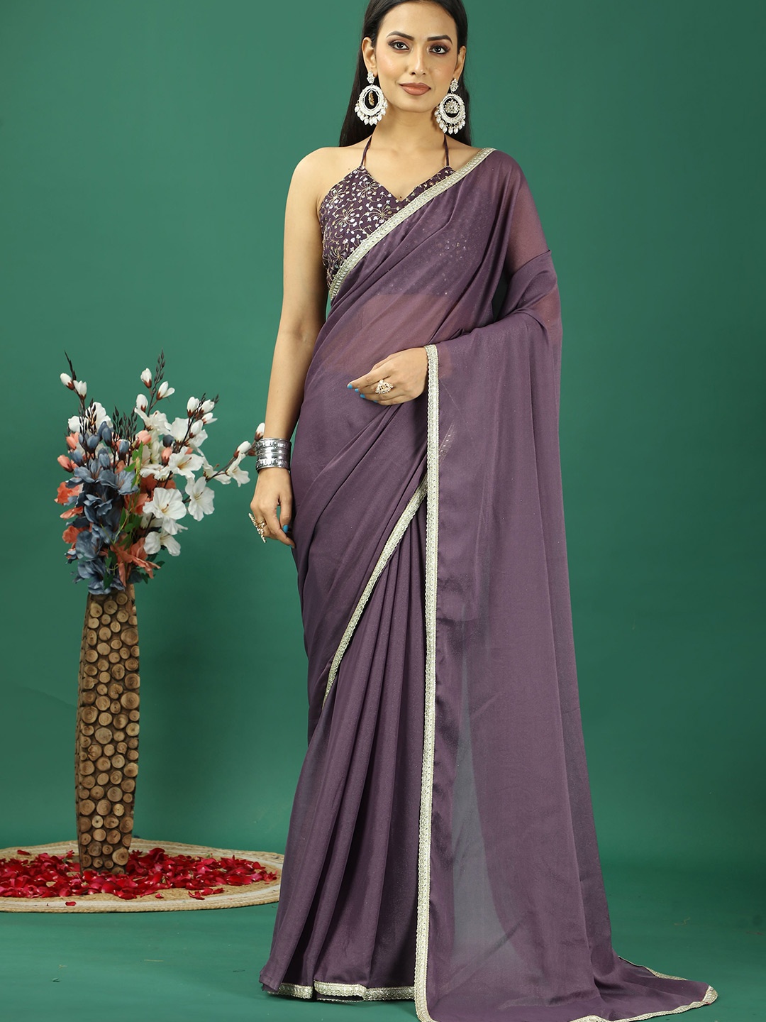 

HERE&NOW Embroidered Satin Banarasi Saree, Purple