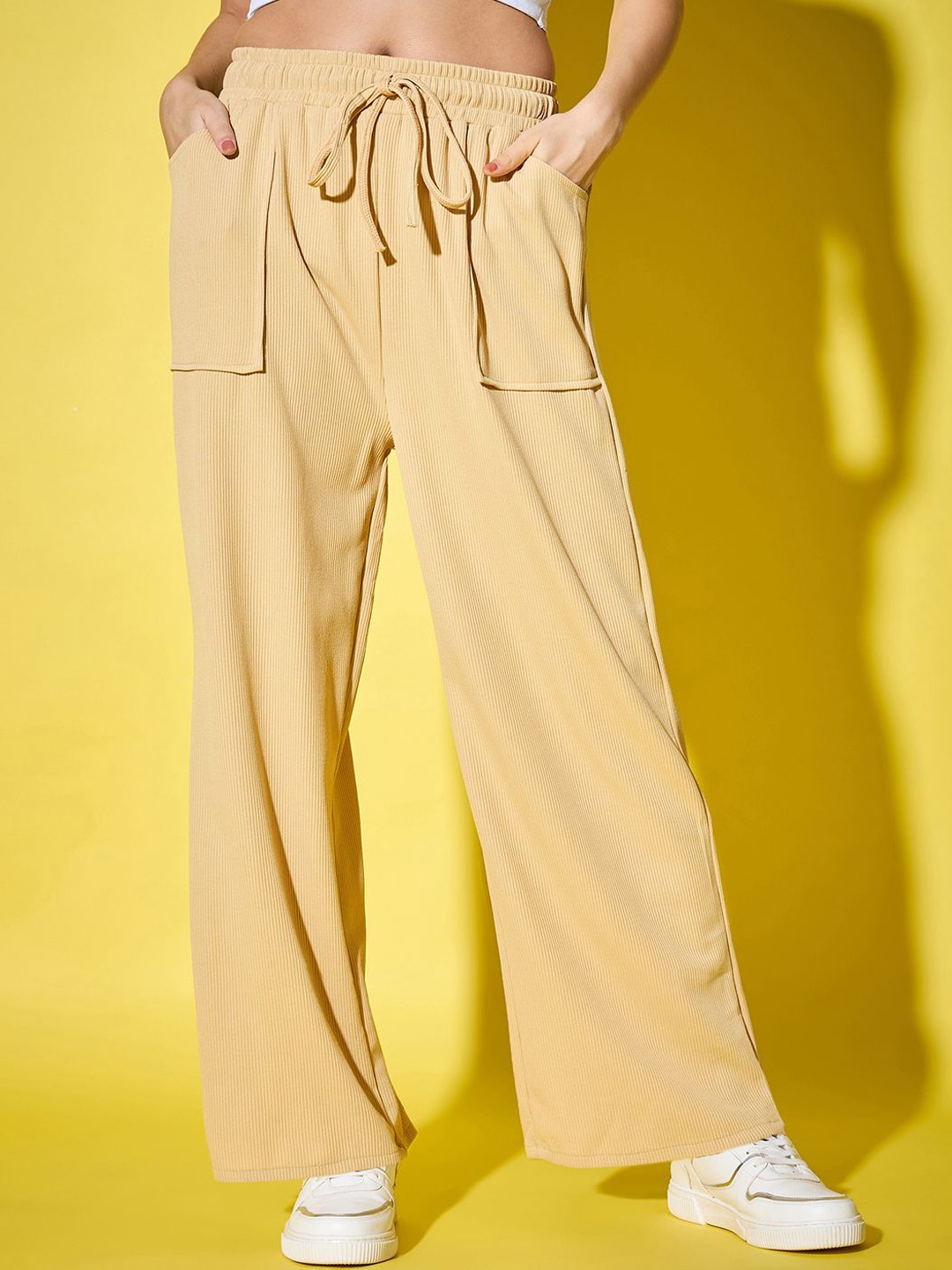 

DIMPY GARMENTS Women Relaxed High-Rise Cargos Trousers, Beige