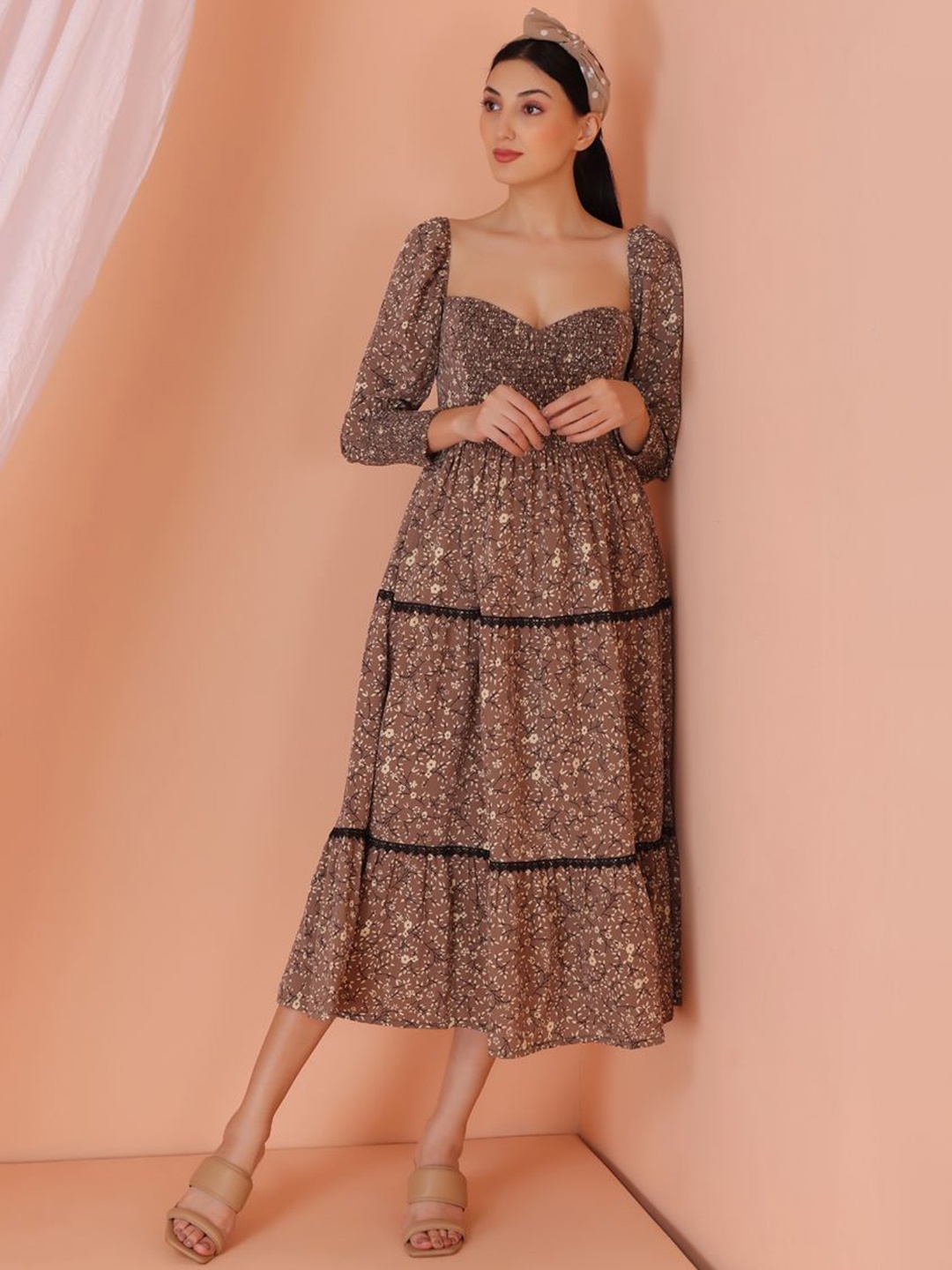 

SEW Printed Tiered Midi Dress, Brown