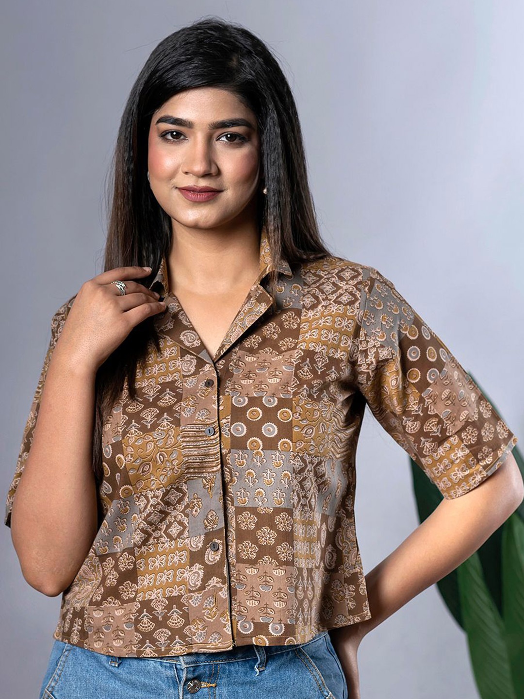 

BAESD Print Cotton Shirt Style Crop Top, Brown
