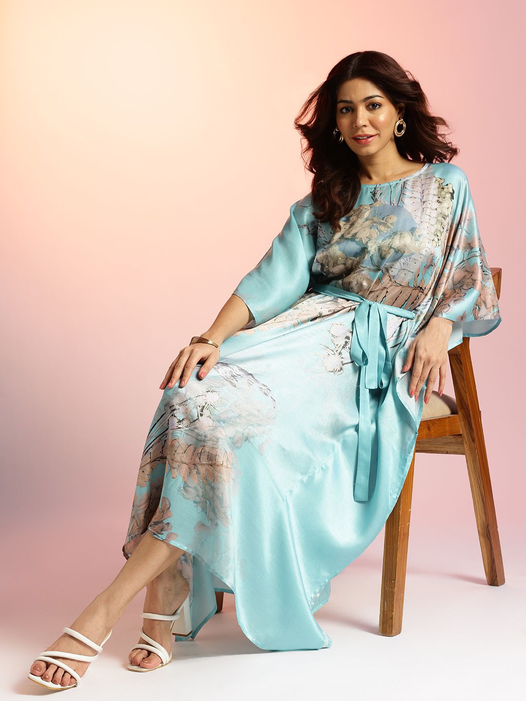 

navyasa by liva Floral Print Kimono Sleeve Liva Kaftan Top, Turquoise blue