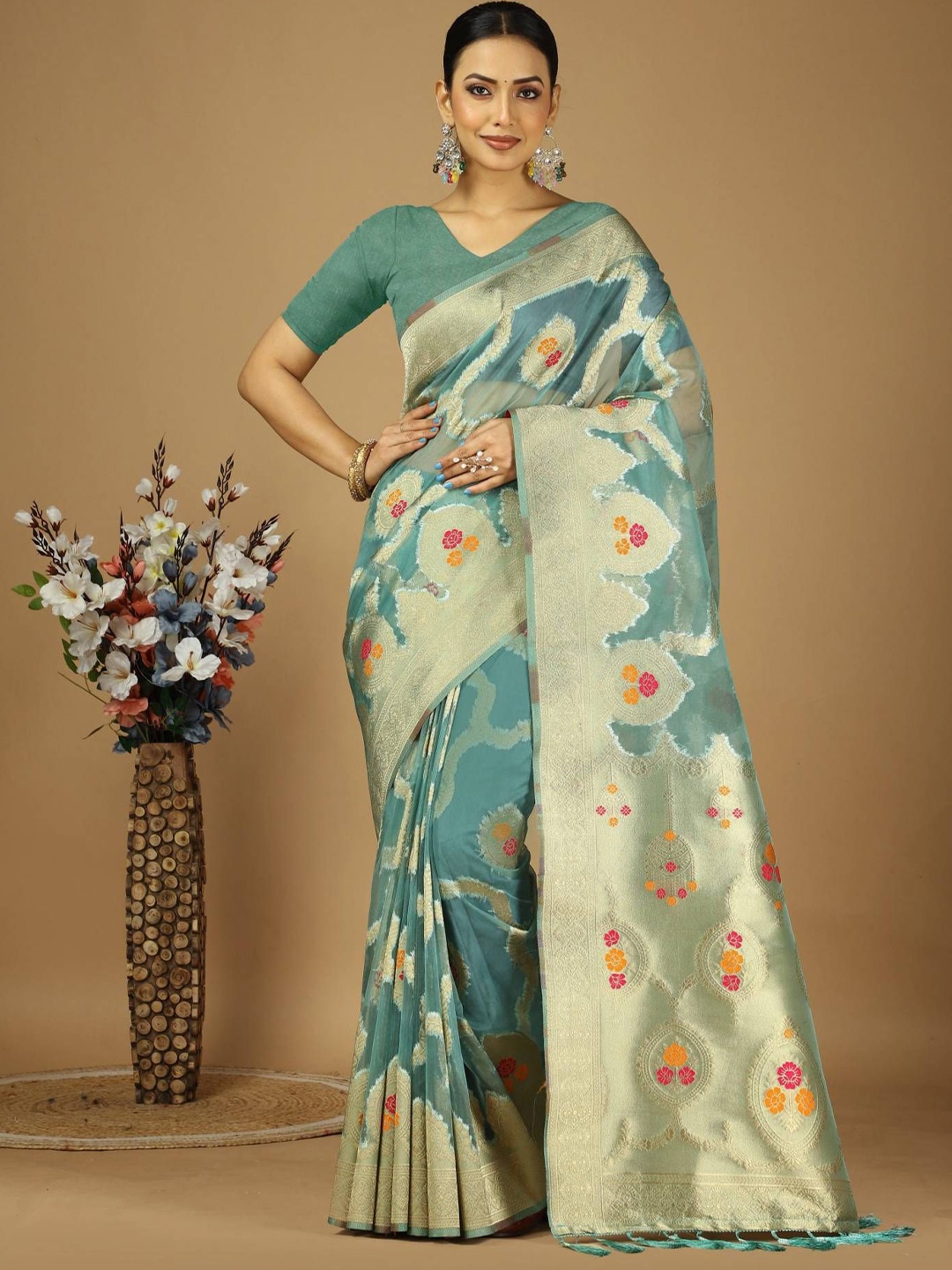 

HERE&NOW Woven Design Zari Organza Banarasi Saree, Sea green