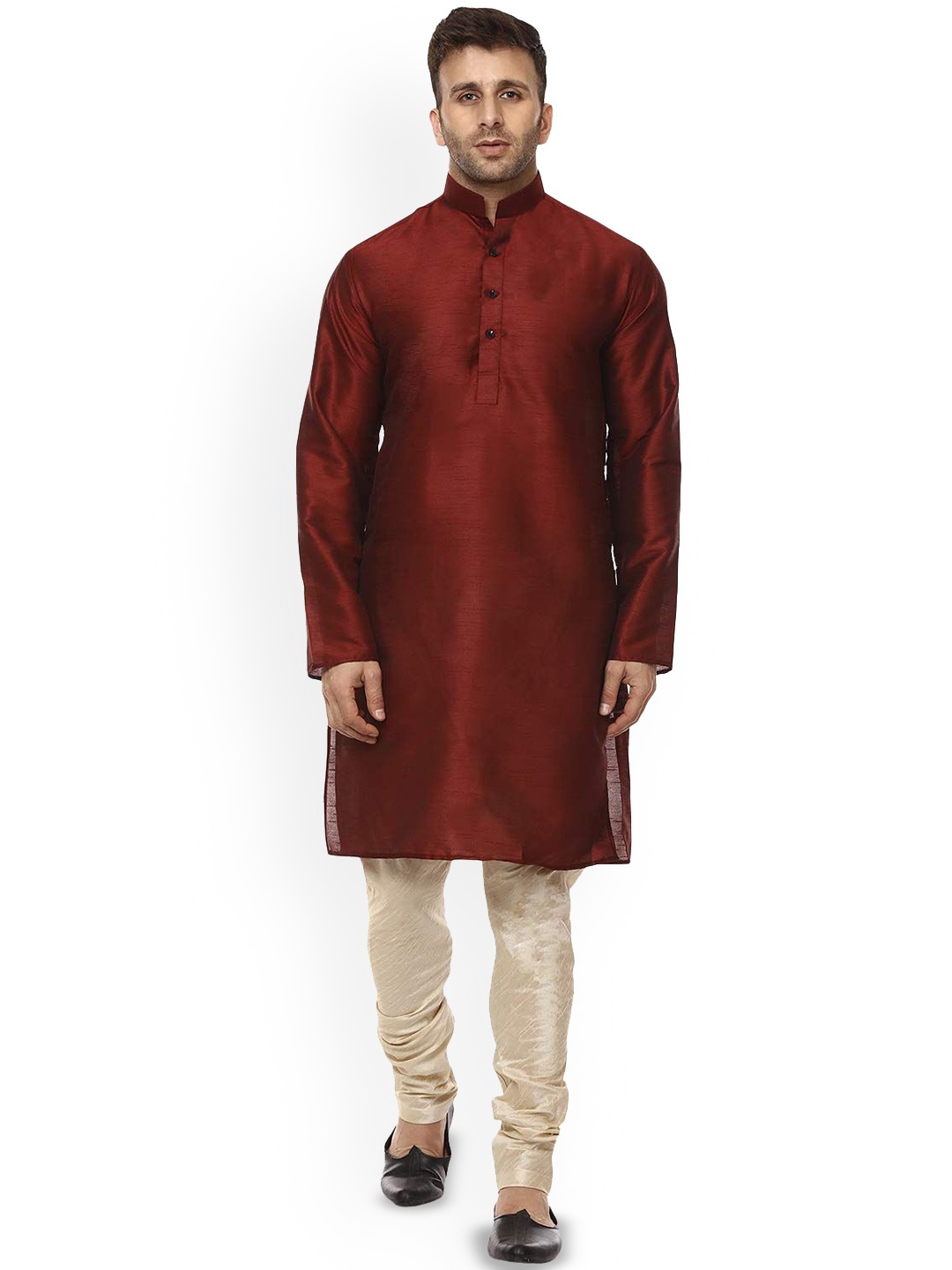 

VEERA PARIDHAAN Men Regular Raw Silk Kurta with Trousers, Maroon