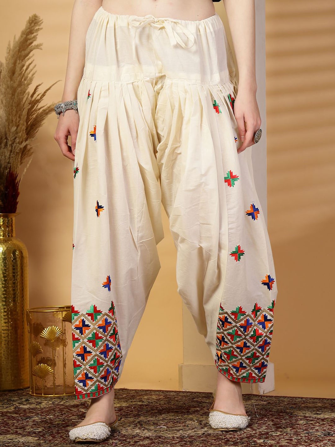 

Clora Creation Women Embroidered Phulkari Loose Fit Cotton Salwar, Cream