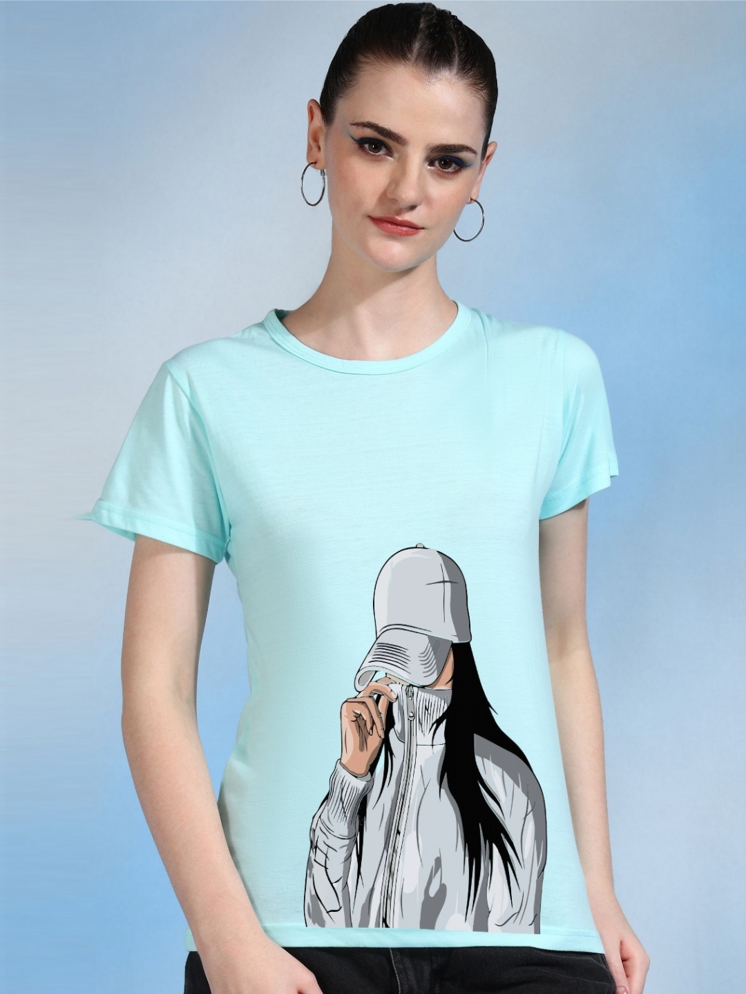 

Moda Rapido Women Printed Bio Finish Raw Edge T-shirt, Turquoise blue