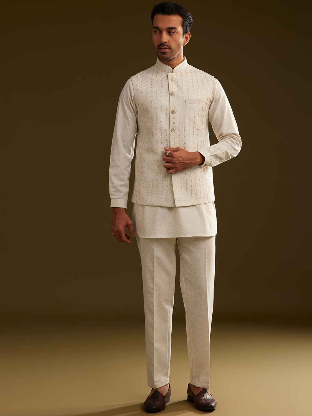 

KALKI Fashion Men Regular Sequinned Kurta with Trousers, Beige