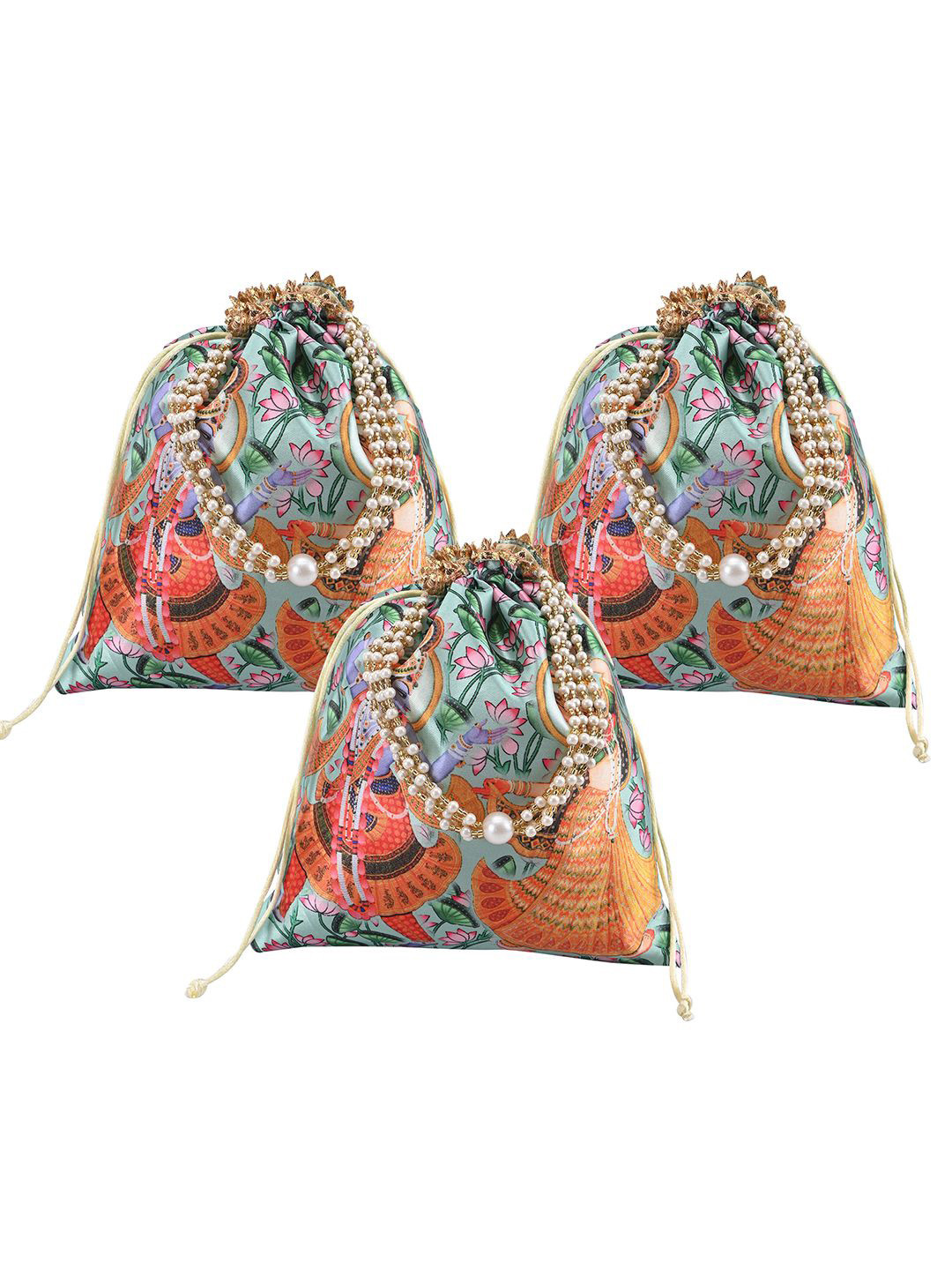 

Kuber Industries 3 Pcs Potli Bag For Women & Girls Radha Krishna Printed Potli Clutch, Green