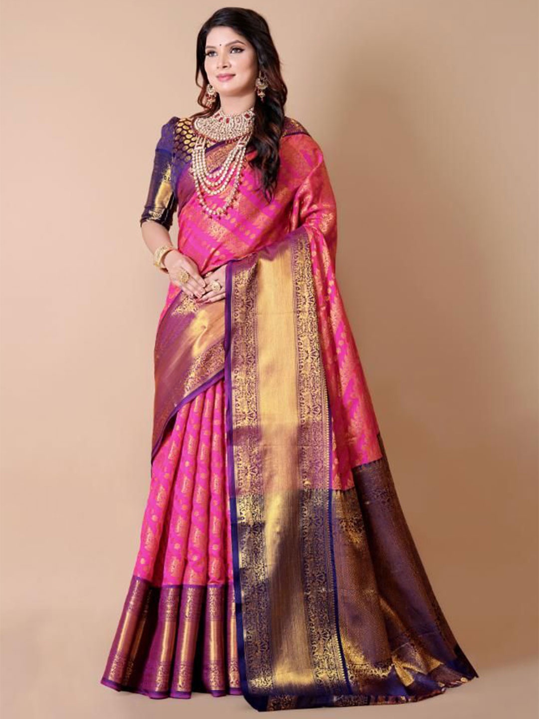 

AKSH FASHION Woven Design Zari Silk Blend Banarasi Saree, Pink