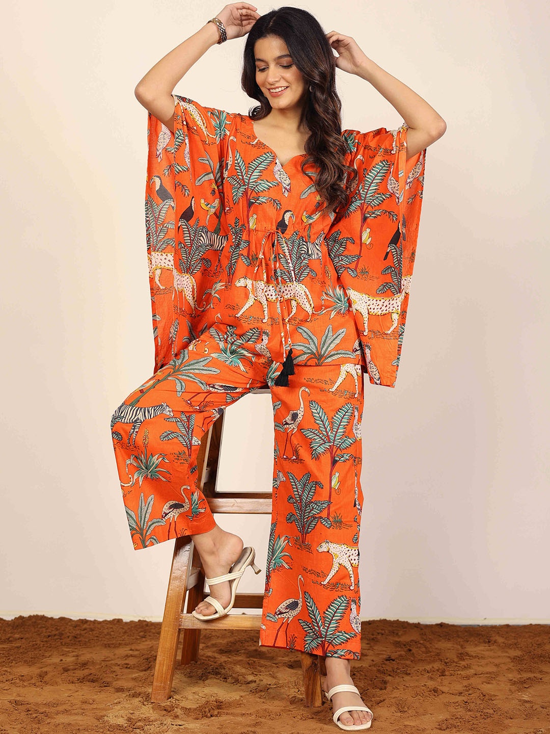 

KAORI BY SHREYA AGARWAL Printed Pure Cotton Kaftan Top & Trouser Co-Ord Set, Orange