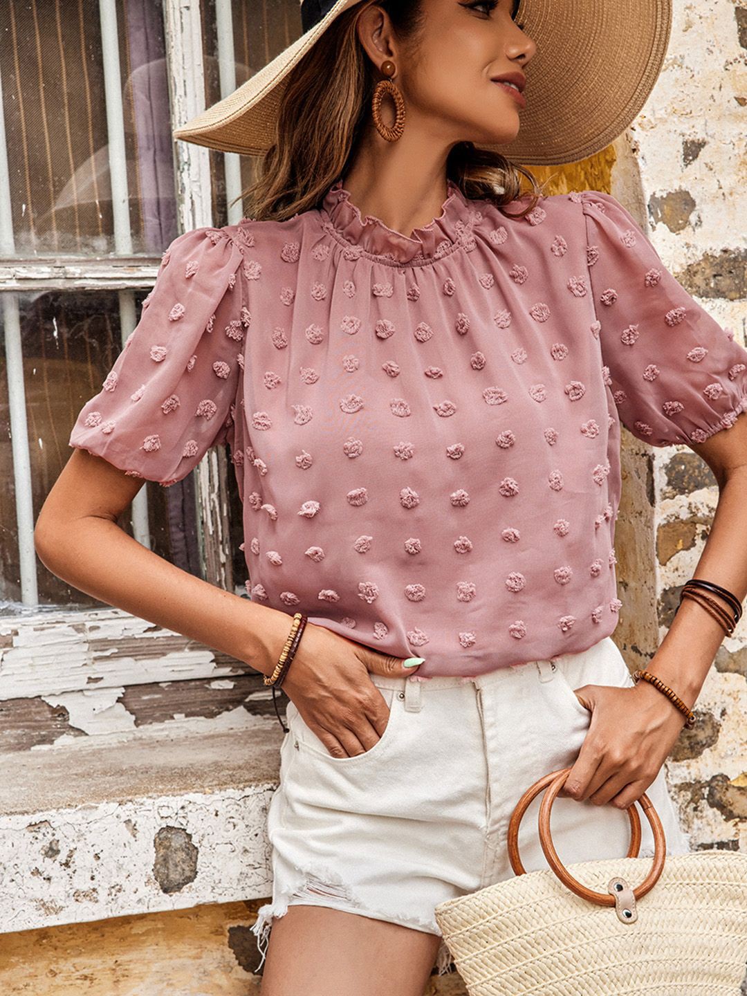 

JC Mode Print Puff Sleeve Top, Pink