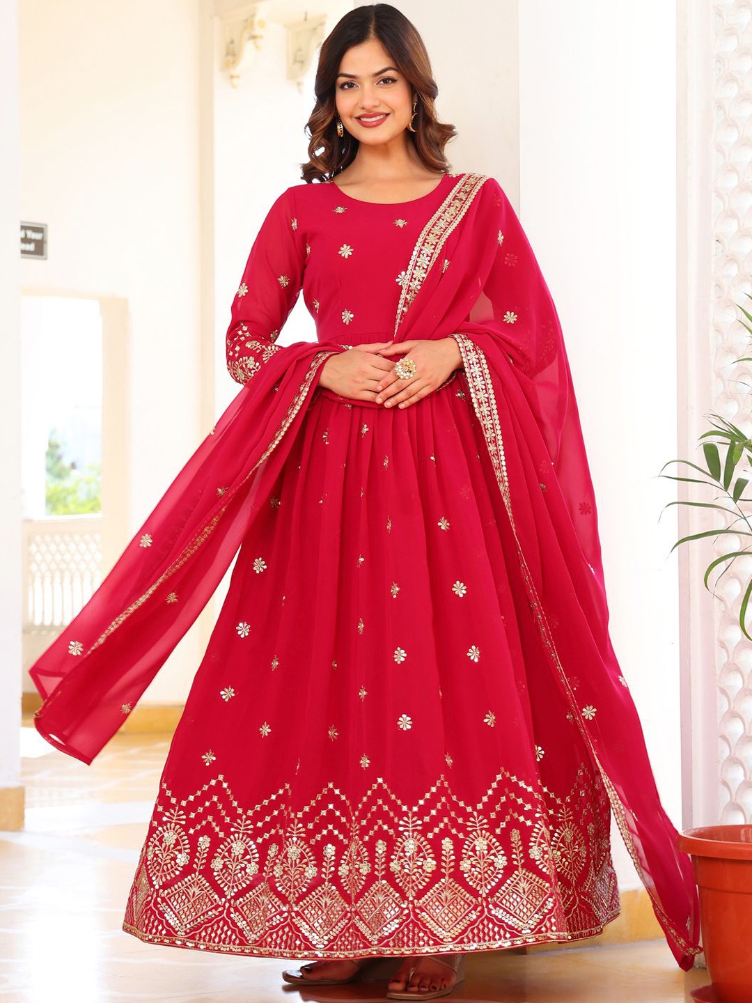 

KALINI Women Floral Embroidered Regular Kurta with Trousers & With Dupatta, Pink